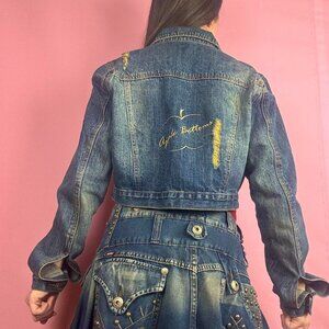 Vintage y2k gold embroidered Apple Bottoms distressed cropped denim jacket XL